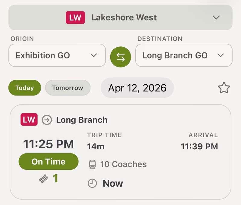 Lakeshore West departures from Exhibition GO to Long Branch GO in OnTime GO, showing an on time train, platform 1 and arrival time