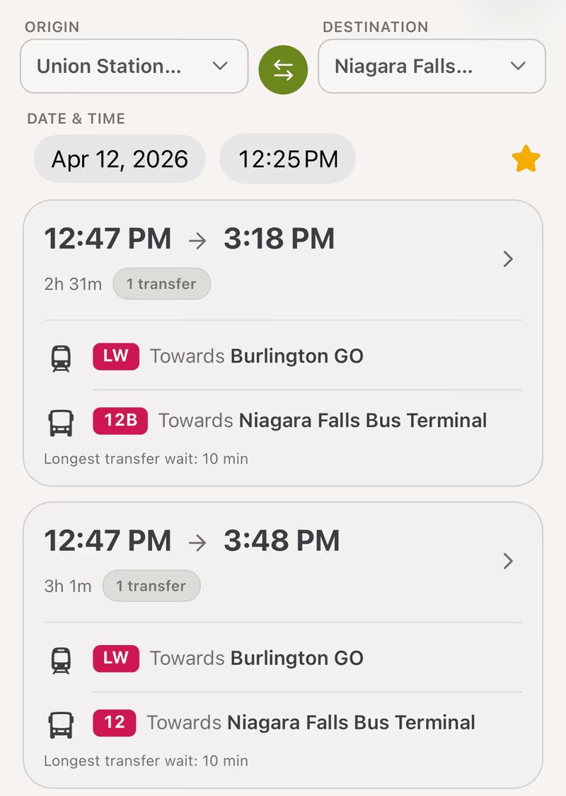 OnTime GO trip planner from Union Station to Niagara Falls, showing trips that take a Lakeshore West train and then a GO bus